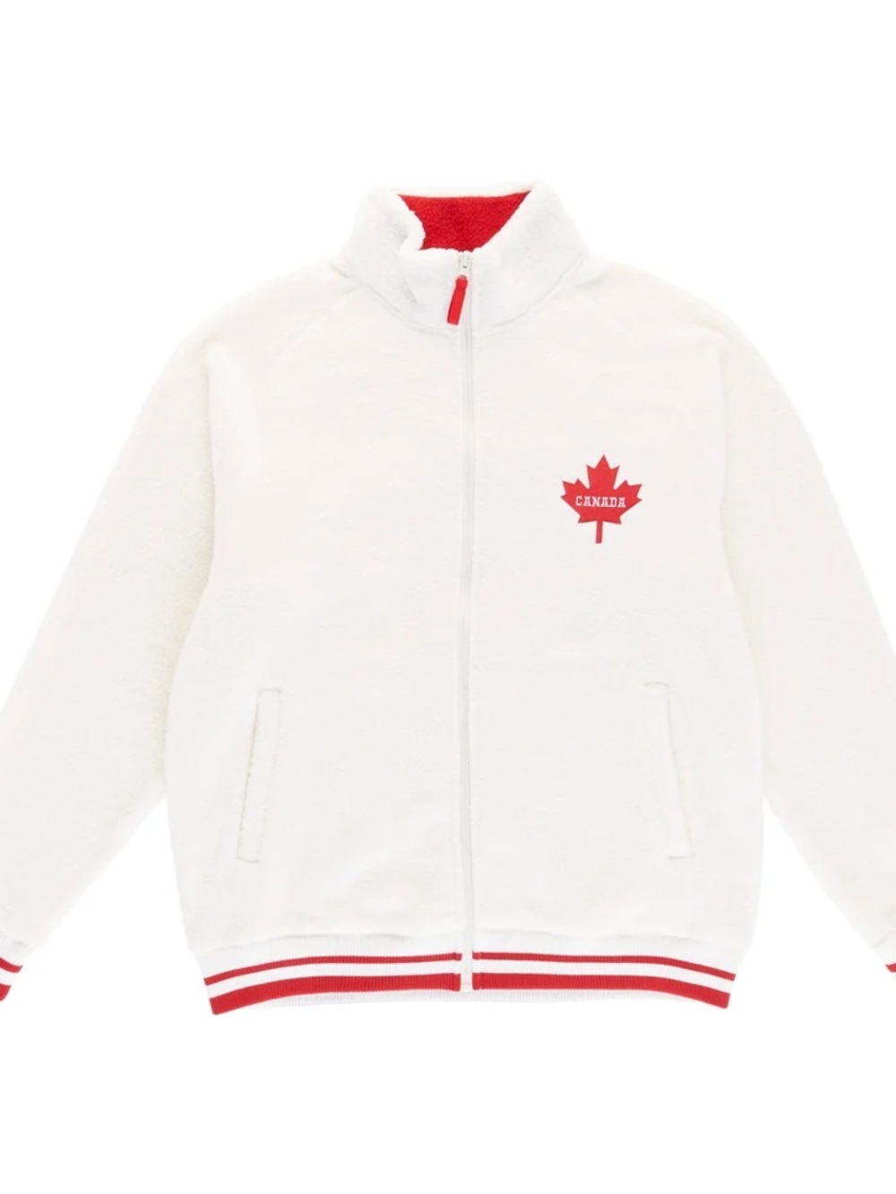 Red and white Canada Fleece Jacket (looks like the one from Heated Rivalry)